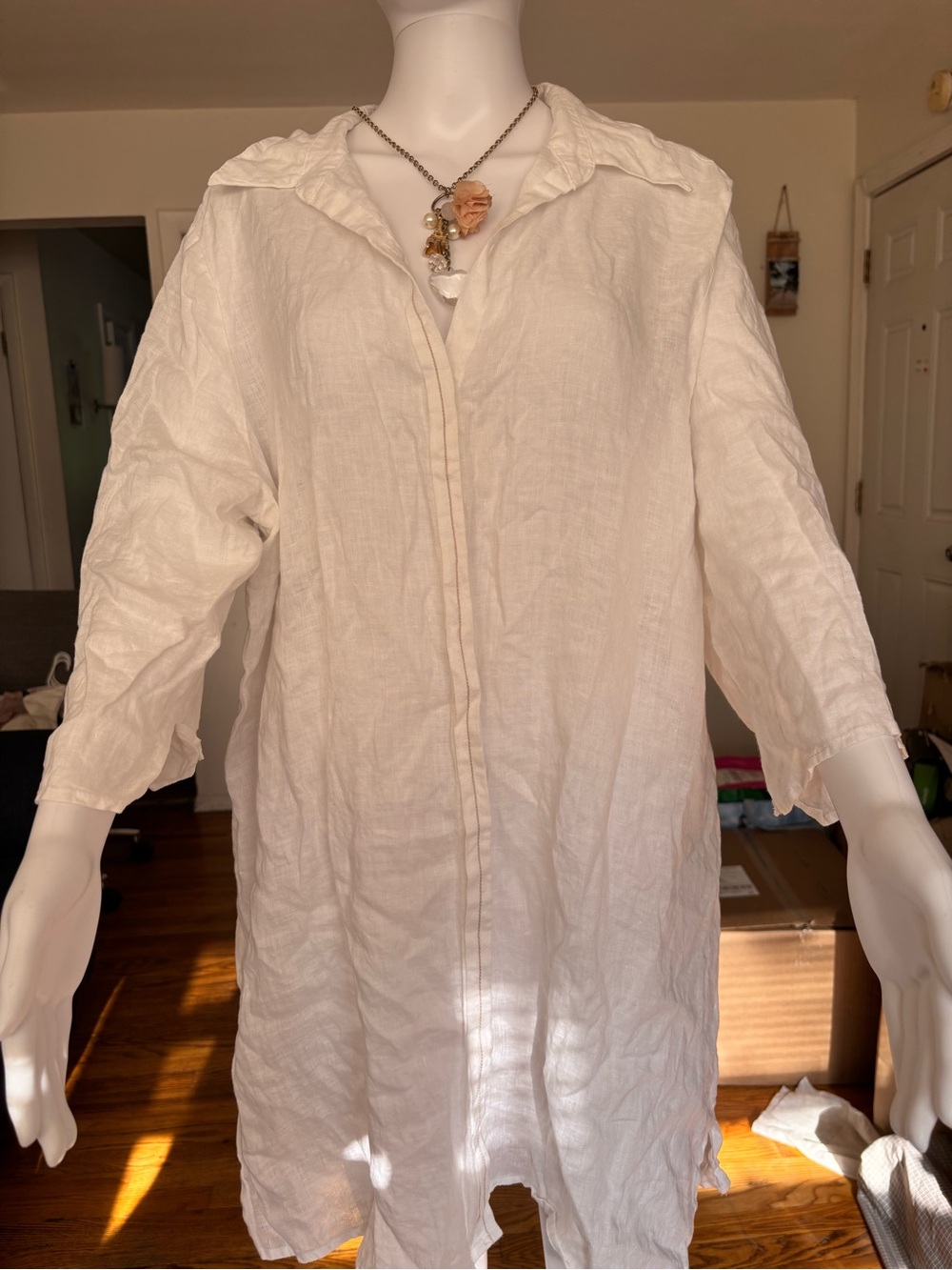 Max Studio White Solid Linen Woven Shirt Dress Collared Long Sleeve Knee XL